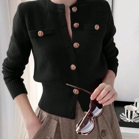 Black Casual Women's Long Sleeve Knit Ribbed Button Round Neck Cardigan - Picture 4 of 5